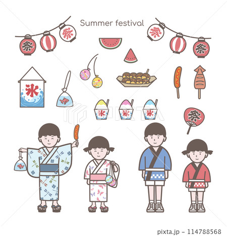 夏祭りと子供のイラストセット 114788568