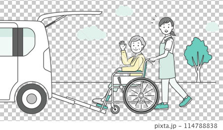 Illustration of an elderly woman, a caregiver, and a welfare vehicle being transported to a nursing facility Illustration of an elderly woman, a caregiver, and a welfare vehicle being transported to a nursing facility 114788838