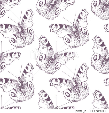 Butterfly sketch seamless pattern, pastel violet monochrome vector background for scrapbook, textile, wallpaper 114789017