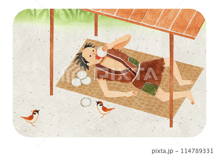 日本昔話　ものぐさ太郎　水彩 イラスト 114789331