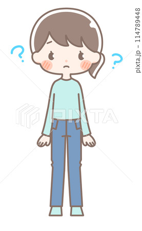 全身｜はてなマークの女性イラスト｜私服 114789448