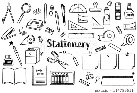 手描きのかわいい文房具イラストセット(モノクロ) 手描きのかわいい文房具イラストセット(モノクロ) 114789611