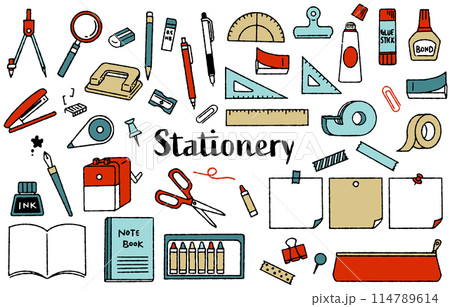 手描きのかわいい文房具イラストセット（カラフル） 114789614