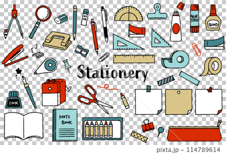 手描きのかわいい文房具イラストセット（カラフル） 114789614
