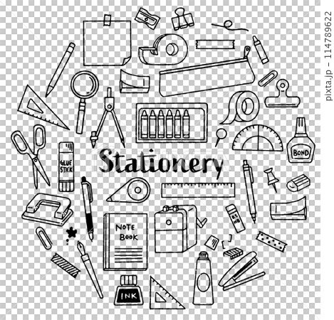 Hand-drawn cute stationery illustration set (monochrome) Hand-drawn cute stationery illustration set (monochrome) 114789622