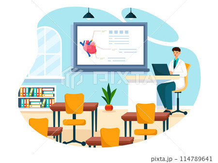 Medical School Vector Illustration with Students Listening to a Lecture and Learning Science in a Classroom in a Flat Cartoon Style Background 114789641