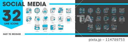 Blogging line icons, social media content, live streaming and vlogging, vector symbols. Social media icons of blogger followers, video content for donation and monetization, digital podcast and chat 114789753