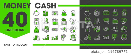 Money cash line icons of finance, banking and payment or savings, vector pictograms. Dollar money cash banknotes and coins icons of wallet, piggy bank and money tree for financial investment or salary 114789771