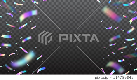 Holographic confetti, rainbow glitter silver foil with neon hologram light effect, vector transparent background. Holographic confetti explosion frame of iridescent metal paper with neon shine glare 114789843
