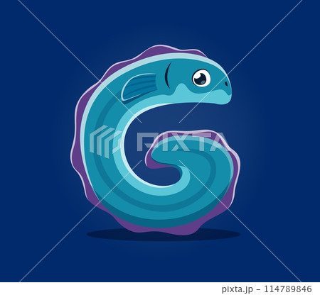 Sea animal in underwater font, letter G as fish or funny sea eel, cartoon vector alphabet. Sea animals font with aquatic character in letter G, tropical sea eel or ocean conger for marine ABC type 114789846