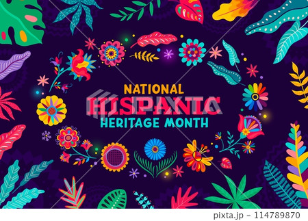 Tropical flowers and plants, national Hispanic heritage month banner, vector Latin art background. Hispanic Americans culture holiday or festival of tradition with ethnic floral huichol ornament 114789870