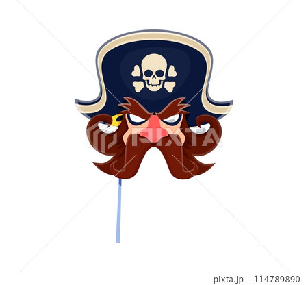 Pirate carnival photo booth mask. Isolated cartoon vector whimsical corsair face on stick, playful mask, features a scowling expression, large mustache, red nose, and a cocked hat with a skull emblem 114789890
