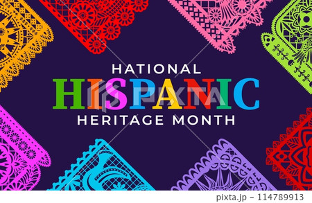 Papel picado paper cut flags on national Hispanic heritage month banner, vector Latin ornament. Hispanic Americans culture holiday or festival of tradition and art with ethnic papel picado flags 114789913