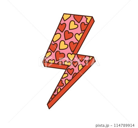 Cartoon retro groovy hippie love lightning with hearts, vector funky comic art. 70s hippie and groovy cartoon lightning or thunderbolt with red hearts pattern for Valentine or wedding romance symbol 114789914