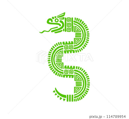 Mayan and Aztec totem of snake, Maya and Inca tribal vector symbol. Ancient Mexican culture and native ethnic totem of Aztecs and Mayan religious deity, serpent snake for tattoo with line pattern 114789954