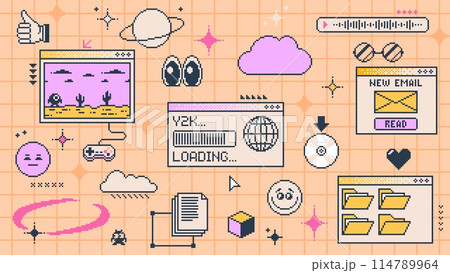 Retro y2k computer window page interface. Vector pc desktop with folders, icons and loading bar. Background in old 2000s vintage aesthetic style with emoji, game, clouds, stars and planets on screen Retro y2k computer window page interface. Vector pc desktop with folders, icons and loading bar. Background in old 2000s vintage aesthetic style with emoji, game, clouds, stars and planets on screen 114789964