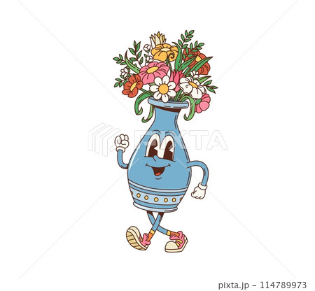 Cartoon retro groovy flowers vase character with happy face, vector 70s hippie smile. Groovy funny flowers bunch in vase with smiling face, cartoon funky character for emoji or emoticon sticker 114789973