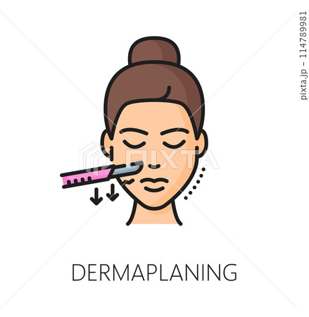 Skincare dermaplaning, face care cosmetology linear color icon. Skin anti aging dermatology dermaplaning procedure or face skincare thin line vector icon. Woman beauty treatment outline symbol Skincare dermaplaning, face care cosmetology linear color icon. Skin anti aging dermatology dermaplaning procedure or face skincare thin line vector icon. Woman beauty treatment outline symbol 114789981