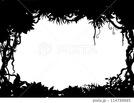 Tropical jungle liana silhouette frame of ivy vine or creeper plant, vector background. Jungle forest or rainforest frame of hanging liana with leaves, climbing roots and vine tendrils silhouettes 114789985