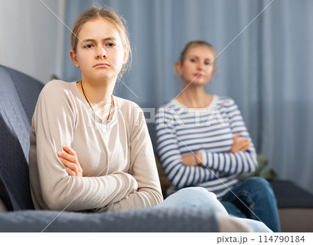 Mother soothes teen daughter after an quarrel Mother soothes teen daughter after an quarrel 114790184