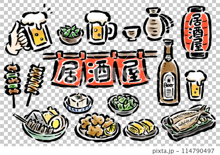 居酒屋門簾、燈籠、酒精和零食刷觸手繪插畫集 114790497