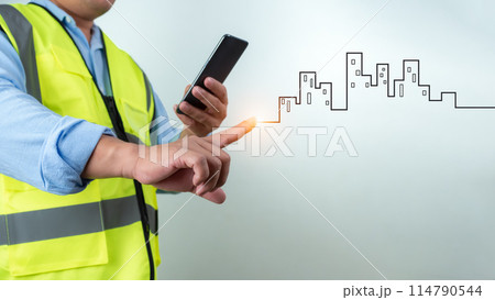 Civil engineer architect Using a smartphone to communicate and give orders to the construction team, Engineer building concept, Background for construction, Technology to construction. Civil engineer architect Using a smartphone to communicate and give orders to the construction team, Engineer building concept, Background for construction, Technology to construction. 114790544