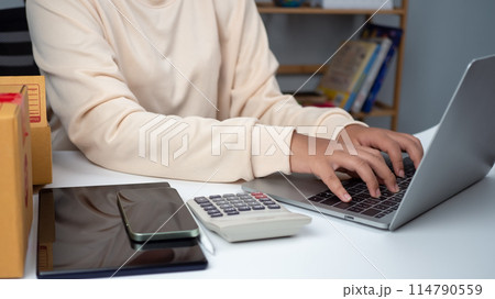 Woman runs an e-commerce business is checking orders from laptop, she owns an online store, she packs and ships through a private transport company. Online selling and online shopping concepts. Woman runs an e-commerce business is checking orders from laptop, she owns an online store, she packs and ships through a private transport company. Online selling and online shopping concepts. 114790559