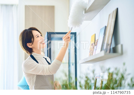 部屋の隅々の埃を掃除する女性 114790735