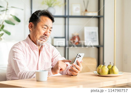 自宅でスマホを操作するミドル男性。 自宅でスマホを操作するミドル男性。 114790757