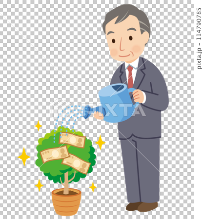 Middle-aged man watering a money tree, asset management, retirement funds 114790785