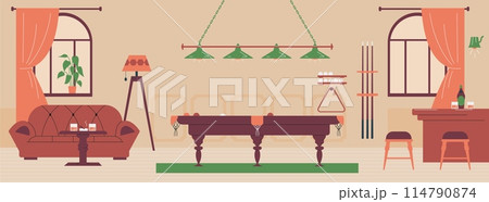 Interior recreation area for playing billiards. Vector illustration. 114790874