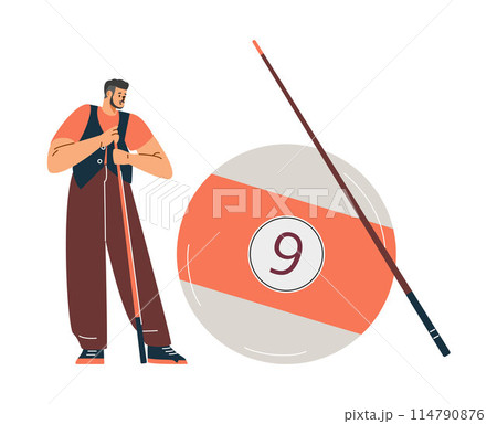 A male billiard player with a cue stands near a large billiard ball with the number six or nine. 114790876