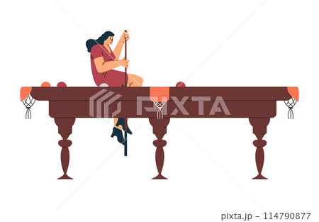 Vector image of a female player with a cue on a huge table. 114790877