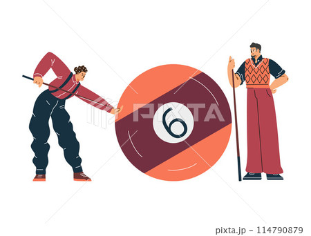 Vector illustration with players participating in a billiards competition, hitting a huge ball with cues 114790879