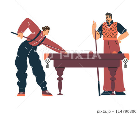 Billiard game - vector players with cues and table. Isolated background. 114790880