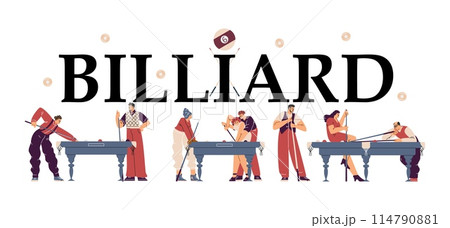Illustration of a poster with billiard players in cartoon style. 114790881