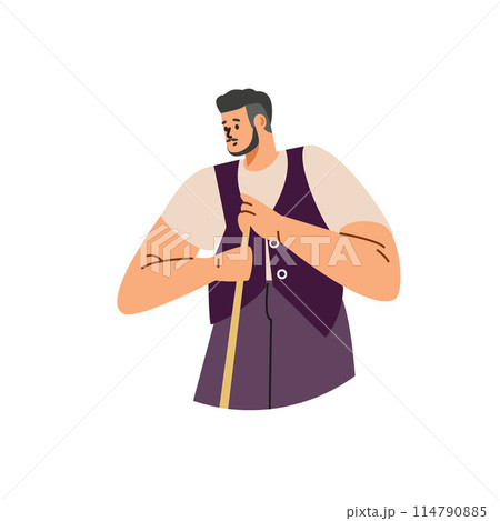 Player bearded man holding billiards cue, vector cartoon professional snooker with pool billiard equipment, sport game 114790885