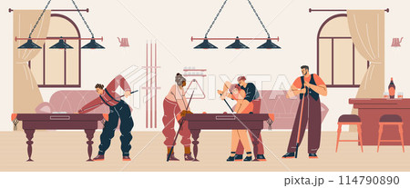Billiards sport game competition in club vector flat illustration, players in pool room with cue aiming at billiard ball 114790890