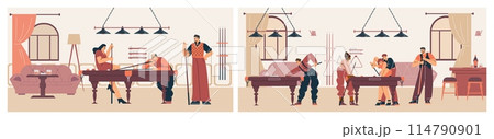 Vector illustration set of a lively billiards room, featuring players, pool table, cue, and sport bar ambiance 114790901