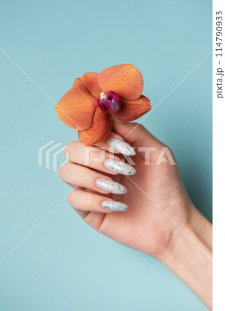 Female hands with blue nail design on blue pastel background Female hands with blue nail design on blue pastel background 114790933