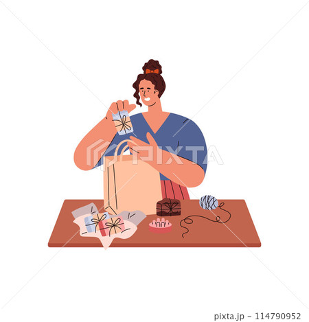 Woman packing handmade natural soap vector flat illustration, color soap bricks decorated with rope bow for gift or sale 114790952