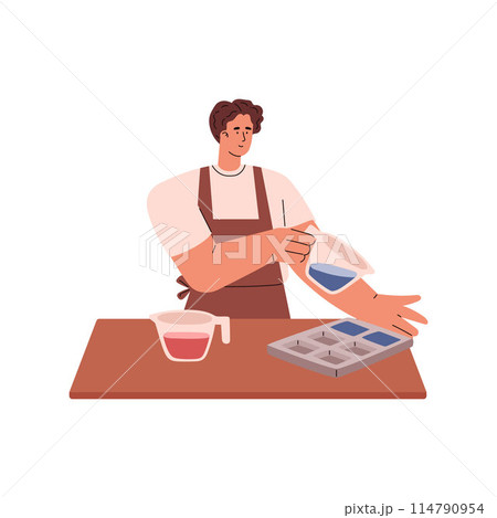 Man making handmade natural soap, pours the soap mixture into special mold form vector flat illustration, spa product 114790954