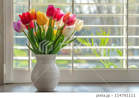 White Vase Filled With Colorful Tulips on Table 114791111