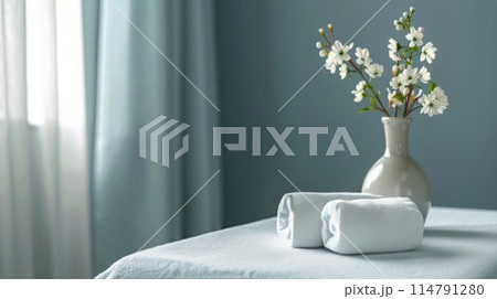 Wooden Bench With Towels 114791280
