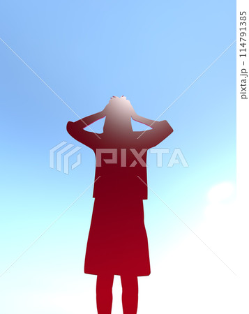 頭を抱えて悩む女性のシルエット　3Dイラストレーション　縦 114791385