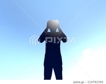 頭を抱えて悩む男性のシルエット　3Dイラストレーション　横 114791393