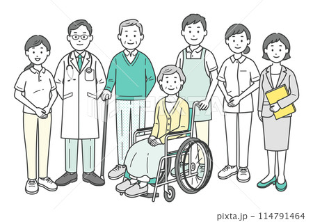 高齢者夫婦と医師と看護師と介護士とケアマネージャーが集合した全身イラスト 114791464