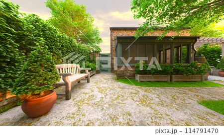 白いベンチがある裏庭 白いベンチがある裏庭 114791470