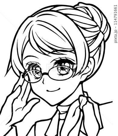 眼鏡をかけた女性の顔アップの塗り絵用イラスト 眼鏡をかけた女性の顔アップの塗り絵用イラスト 114791661