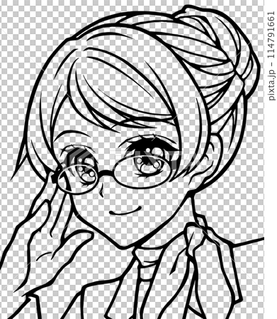 眼鏡をかけた女性の顔アップの塗り絵用イラスト 眼鏡をかけた女性の顔アップの塗り絵用イラスト 114791661